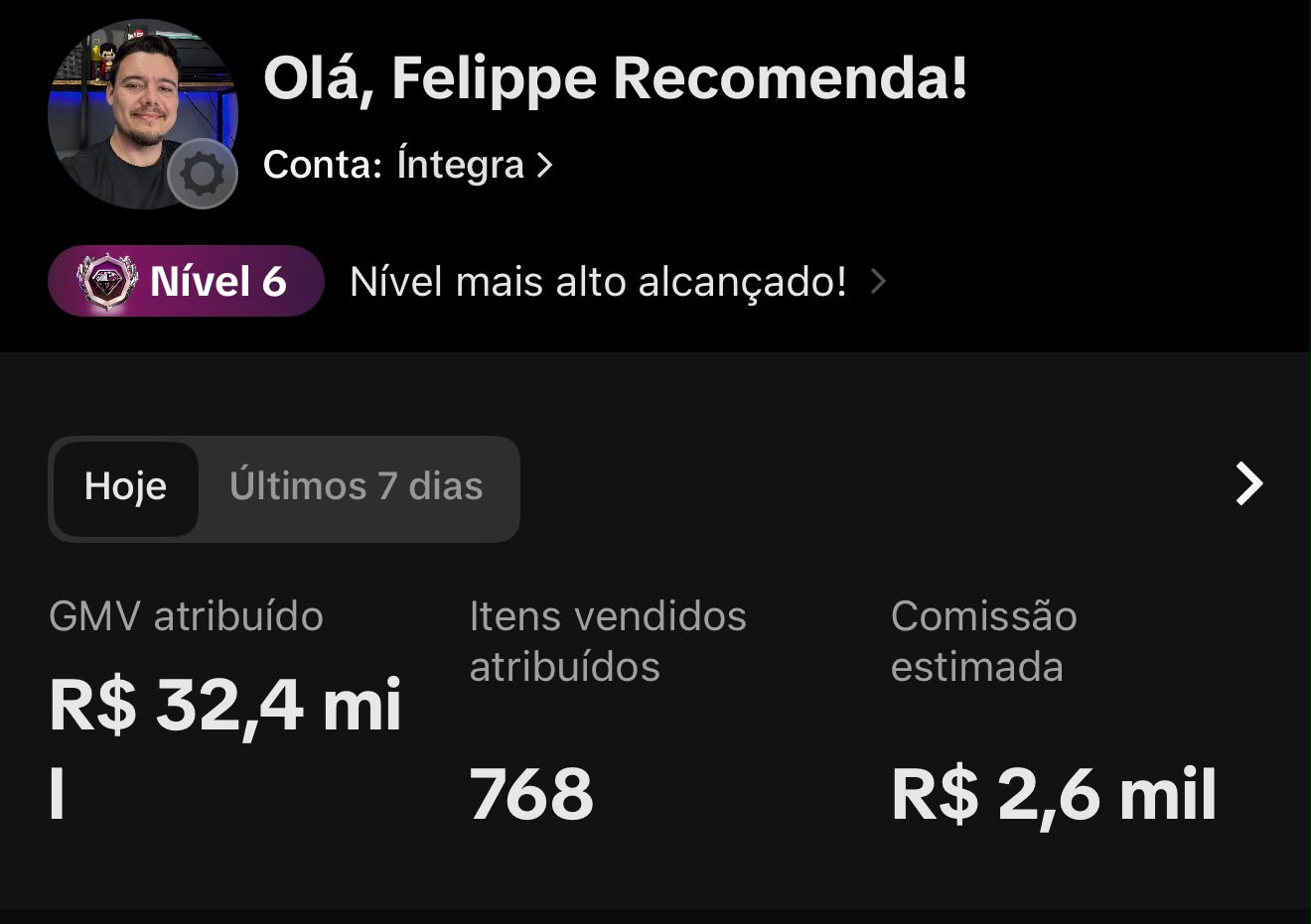 Print original do perfil do Felippe com o Nível 6 de creator.